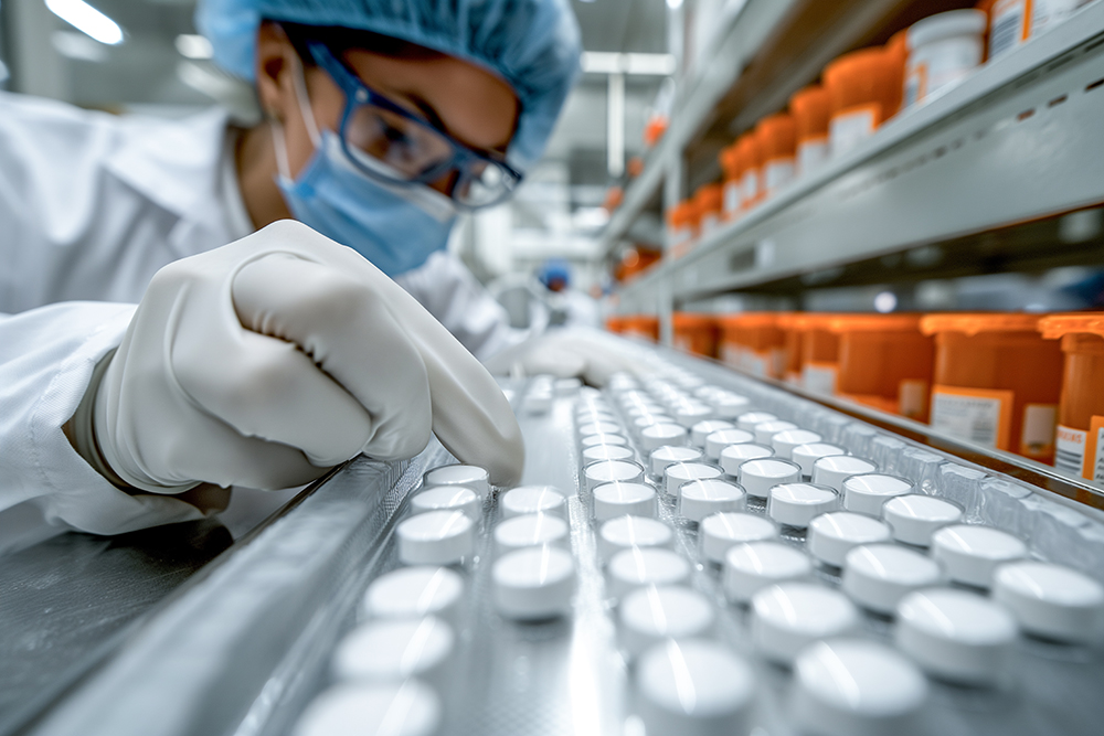 Pharmacist working Sorting pharmaceutical capsules by a sorting machine on a production line